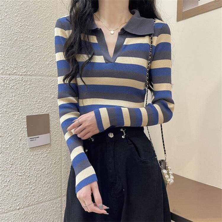 秋季少女装百搭条纹t恤时尚仙女上衣修身穿搭很仙的v领针织打底衫