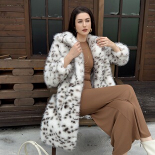 诗美皮草外套女仿狐狸毛大衣山猫豹纹西装领中长款欧美大码冬季