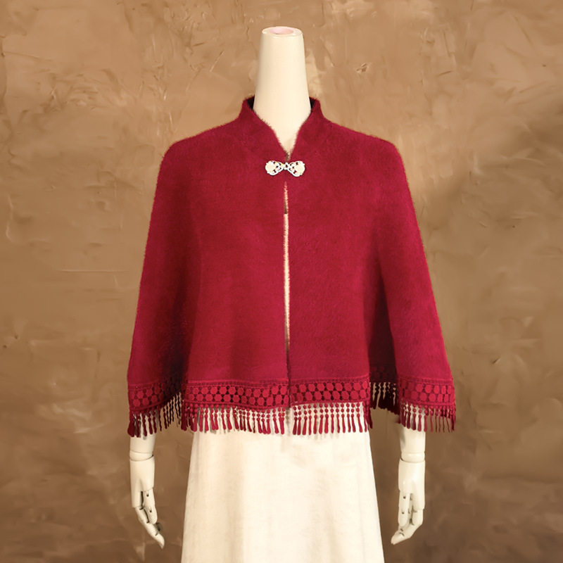 诗美披肩女外搭斗篷双面绒仿貂秋冬保暖立领流苏短款开衫外套国风