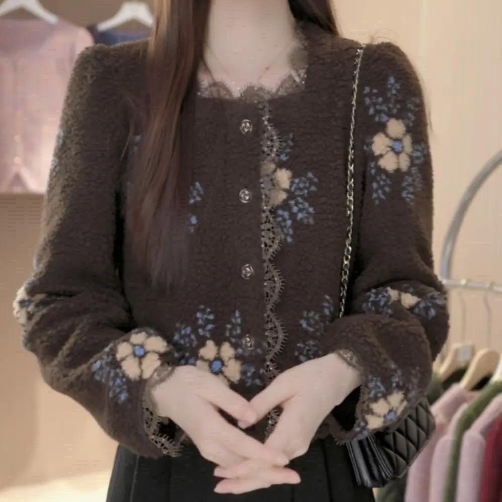 秋季新欧美风时尚方领蕾丝毛衣女