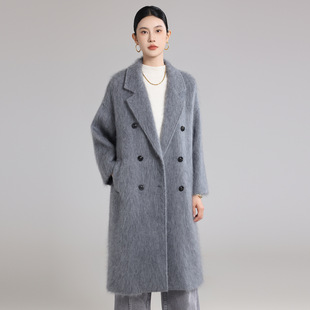 诗美新款轻奢软糯拉绒100%绵羊绒长毛大衣女廓形双排扣宽松加长款