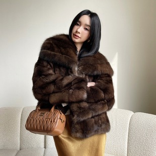 诗美天使之翼仿俄罗斯紫貂满天星裘皮大衣短款大翻领新款冬皮草