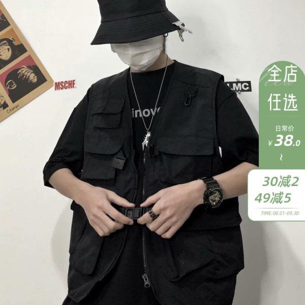 港风ins百搭嘻哈多口袋工装马甲男暗黑机能风宽松背心男女马夹潮