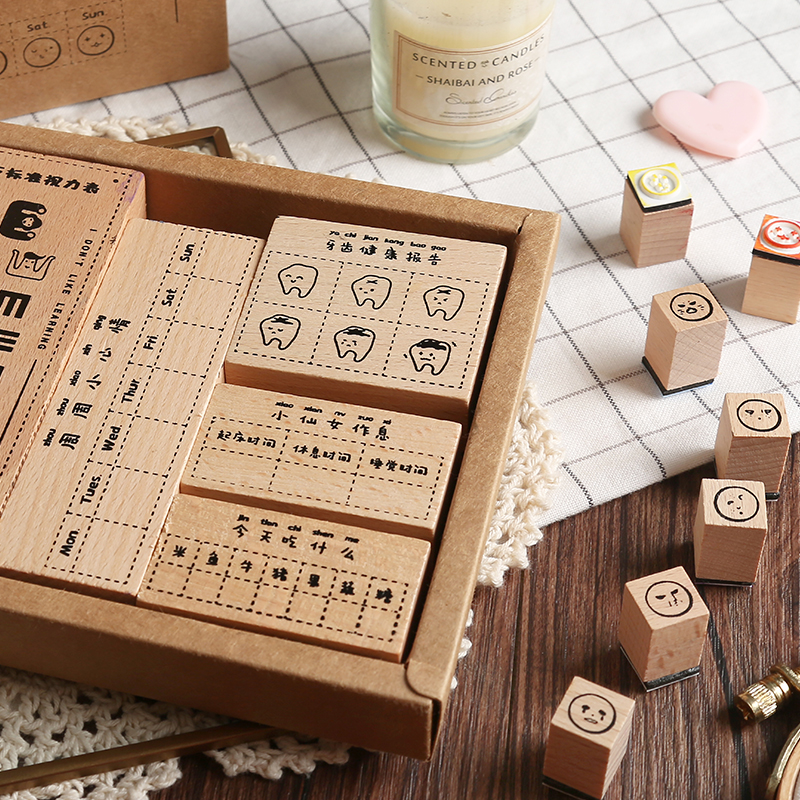 在林间少女日常图鉴木质印章套装手帐视力表装饰表情计划原木印章