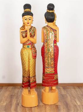 泰国迎宾摆件店铺门童佛像装饰东南亚风泰式软装傣族人偶仕女雕像