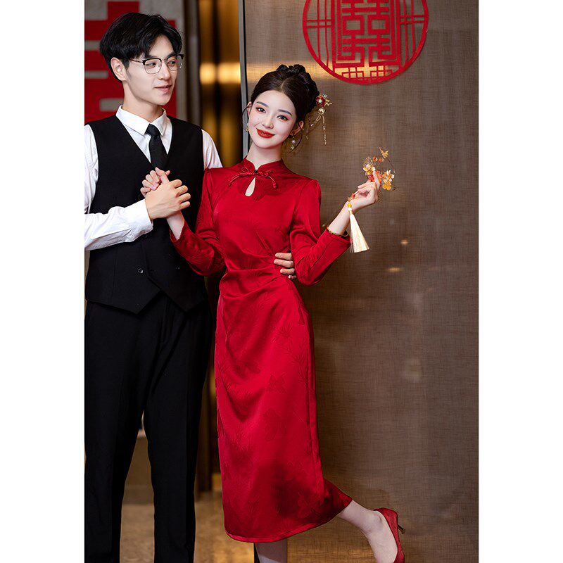 好货新中式红色结婚旗袍敬酒服新娘长款订婚秋冬回门出阁宴礼服裙