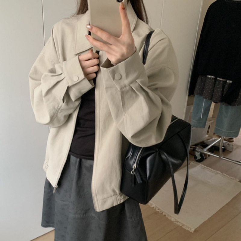 实拍26秋上新韩国东大门女装高货韩系极简翻领宽松纯色外套