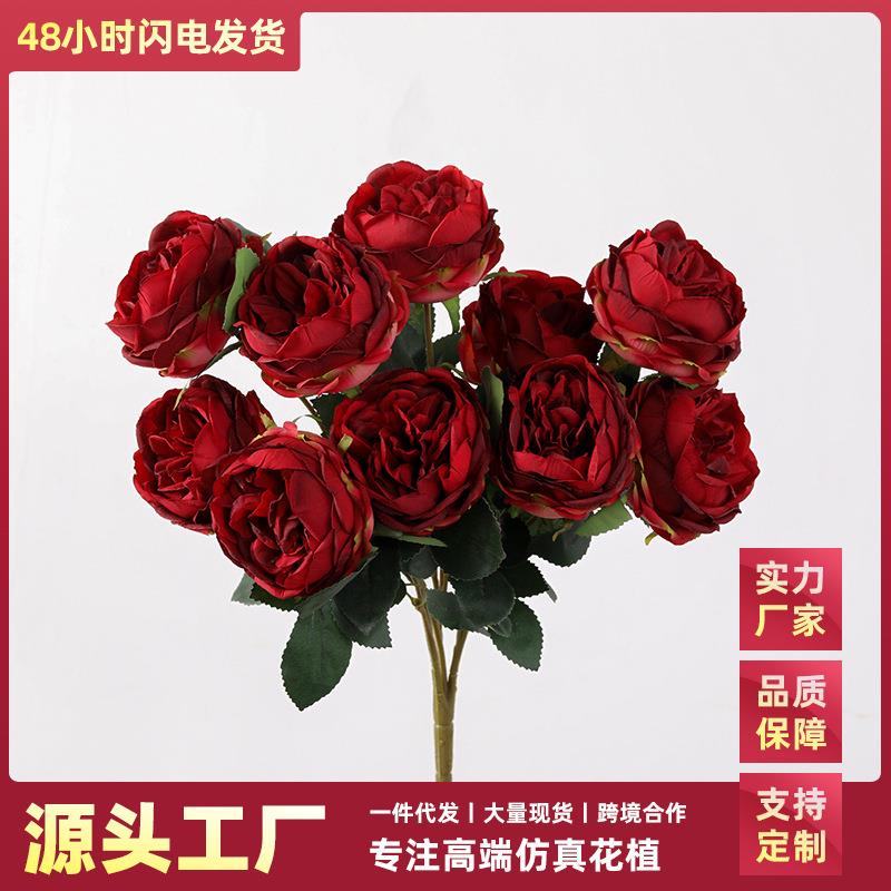 新款直销仿真玫瑰花10头把束婚庆用花墙路引花家居酒店工程装饰插