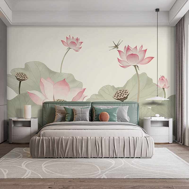 新款直销现代中式电视背景墙纸壁纸古典工笔荷花壁画卧室客厅书房
