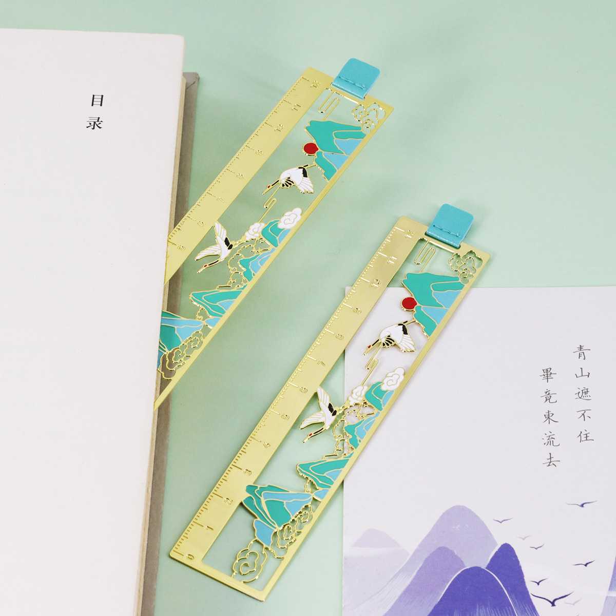 新款直销鹤影江山金属艺术书签尺艺 国潮风仙鹤江山书签节日送礼