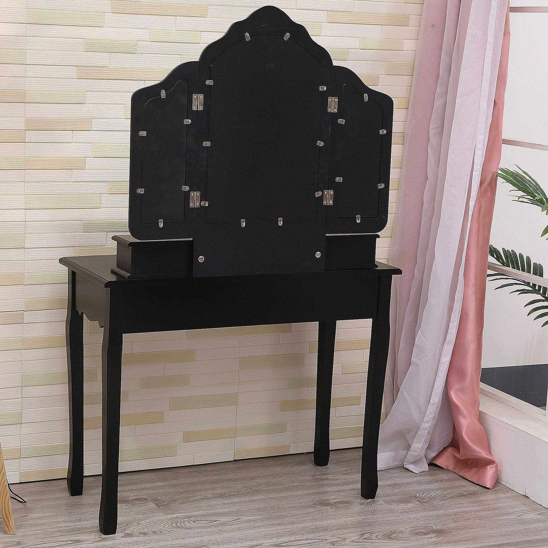 新款直销美式实木带凳梳妆台欧式简约黑色小型卧室化妆台三镜四抽