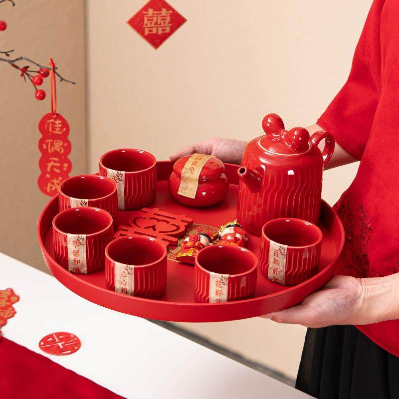 新款直销陪嫁用品套装新娘改口敬茶杯提梁茶壶托盘结婚庆功夫茶具