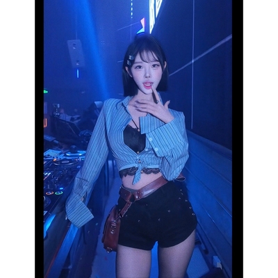 欧美辣妹性感条纹衬衫爵士舞服装