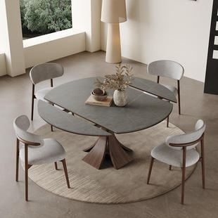 实木伸缩餐桌轻奢现代简约家用小户型意式 侘寂风方圆两用岩板圆桌
