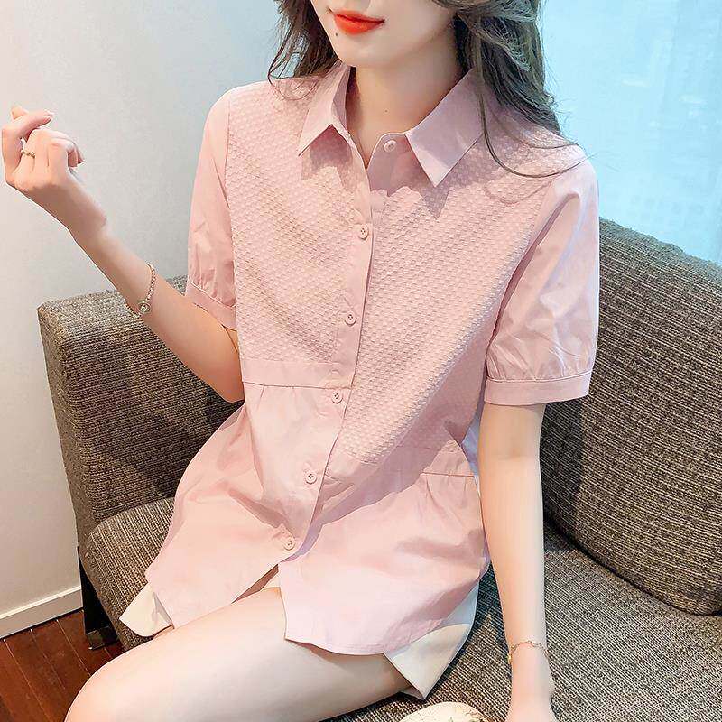 香港TIMO宽松POLO领短袖女士衬衫韩版百搭时尚单排扣休闲上衣服夏