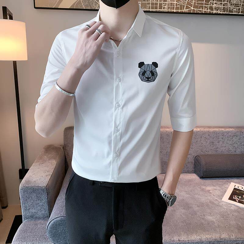 卡通印花短袖衬衫男潮牌夏季薄款修身中袖衬衣青年流行五分袖上衣