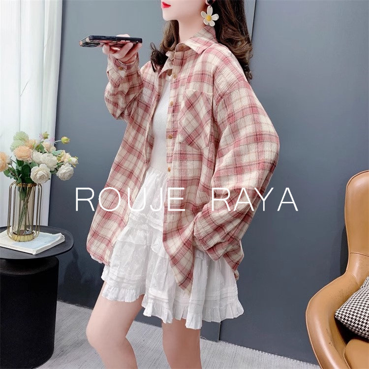 Rouje Raya法式复古格子防晒衬衫女夏新款宽松慵懒风薄款长袖上衣