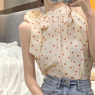 专柜无袖 挂脖纱质上衣女2024夏季 新款 温柔风小众甜美别致波点小衫