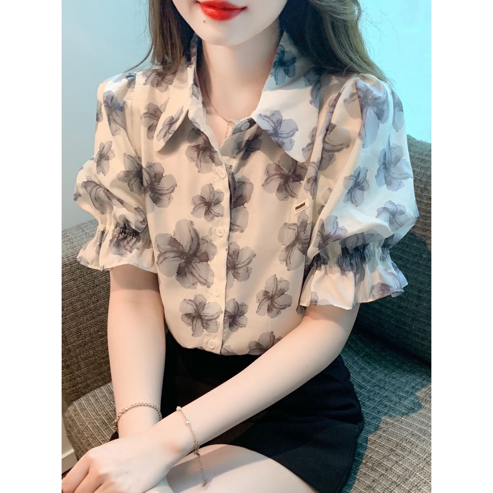香港TIMO法式甜美减龄雪纺衬衫印花衬衣女夏季POLO领泡泡袖上衣