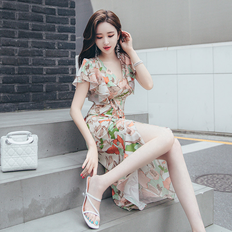 潮牌2025夏季新款女装小清新花瓣袖收腰长裙子气质优雅显瘦连衣裙