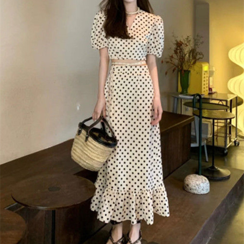 专柜泡泡袖连衣裙套装女2025夏新款法式时尚显瘦波点半身裙两件套