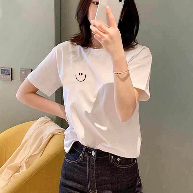 韩国白色短袖t恤女2025春夏季新款宽松印花圆领纯棉半袖体恤上衣