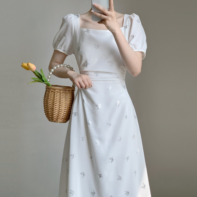 欧洲站女夏季清纯白色方领蝴蝶印花连衣裙绝美修身雪纺气质仙女裙