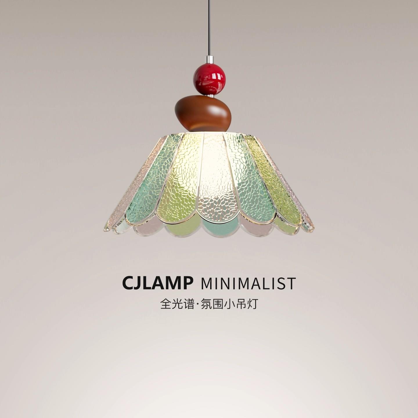 法式复古彩色玻璃餐厅吊灯中古风侘寂风胡桃木色餐桌吧台吊线灯具