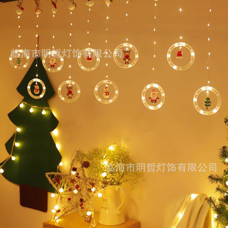 LED铜丝圆环圣诞窗帘灯圣诞老人彩灯装饰窗帘灯雪人圆环窗帘灯