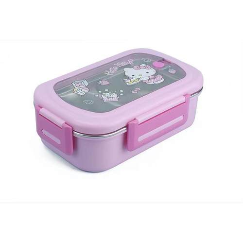 加高双格304不锈钢保温饭盒儿童卡通间隔配勺子四面扣密封防漏