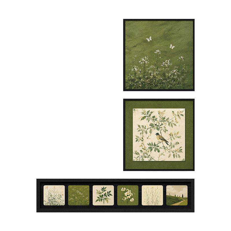 中古风绿色竹子客厅挂画级感花卉适合大白墙的装饰画置物组合画