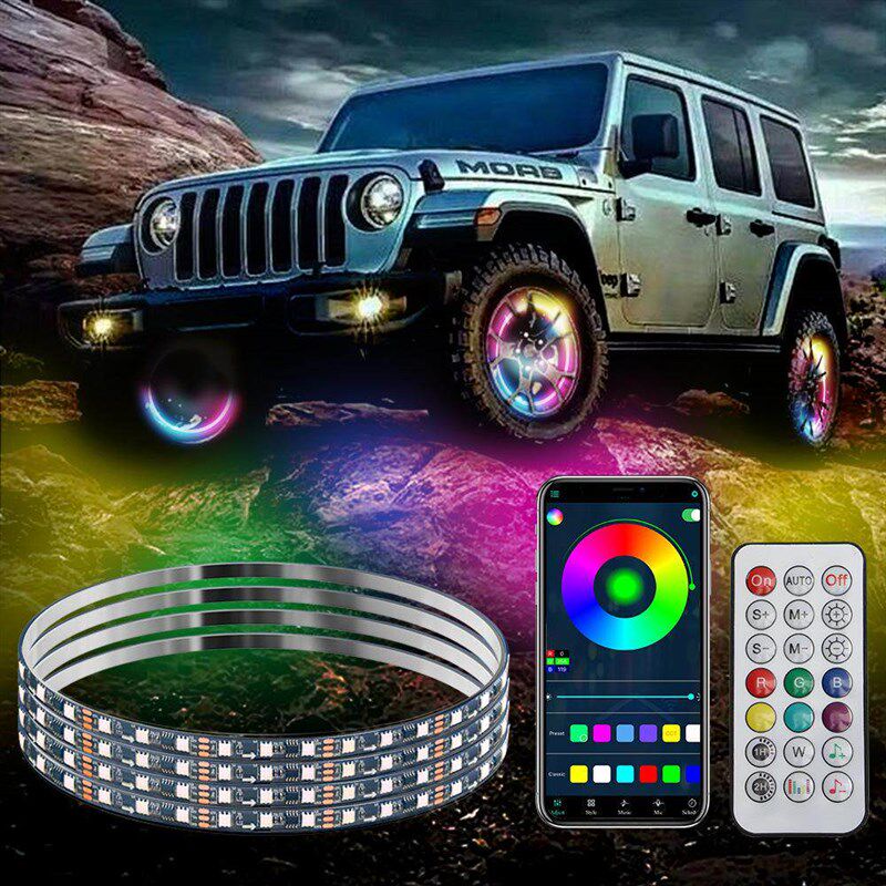 动态幻彩流光汽车LED轮毂灯爆闪车轮环七彩改装越野氛围行车灯转