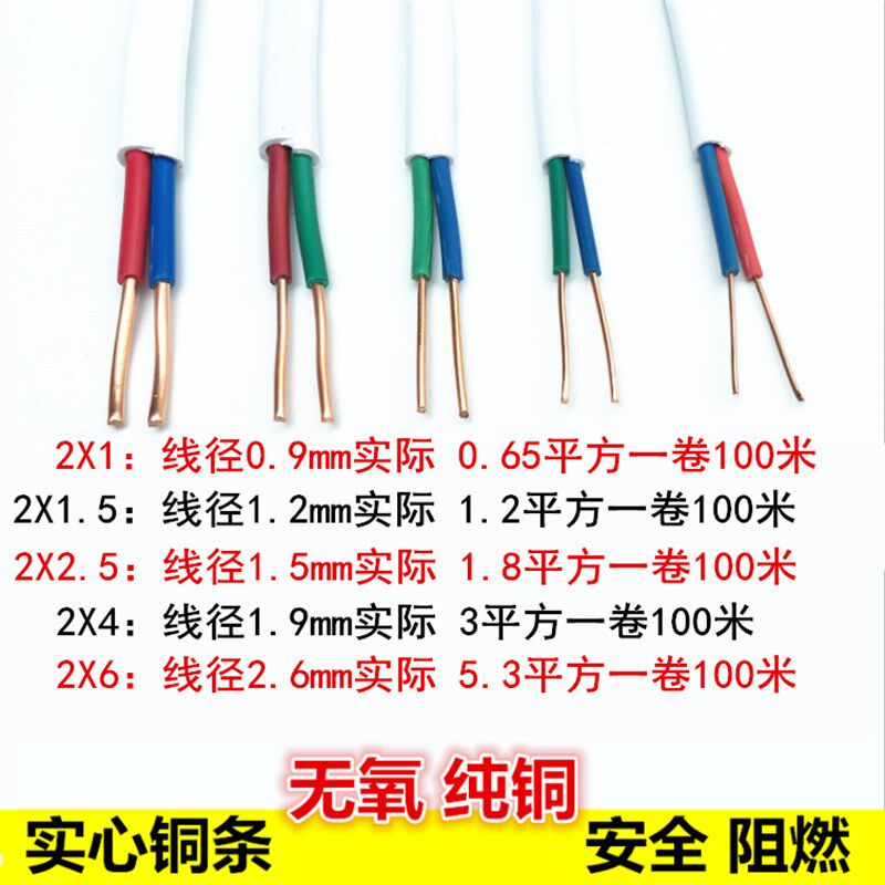 纯铜护套线实心硬铜条线2X1/1.5/2.5/4平方绝缘双芯电线阻燃BVVB