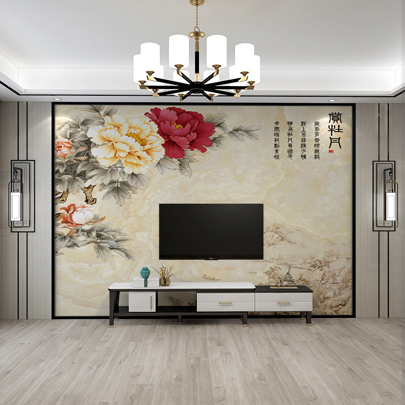 新中式沙发电视背景墙壁纸花开富贵牡丹壁画墙纸客厅卧室无缝墙布