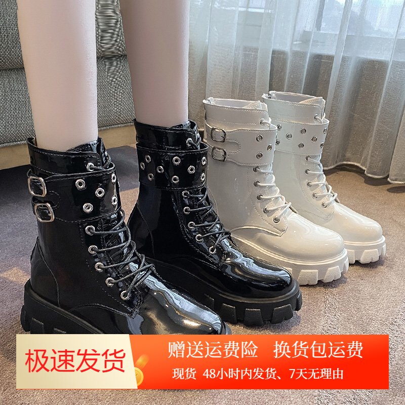 中筒系带骑士靴女韩版厚底亮面马丁靴后拉链漆皮中筒女靴43码女靴
