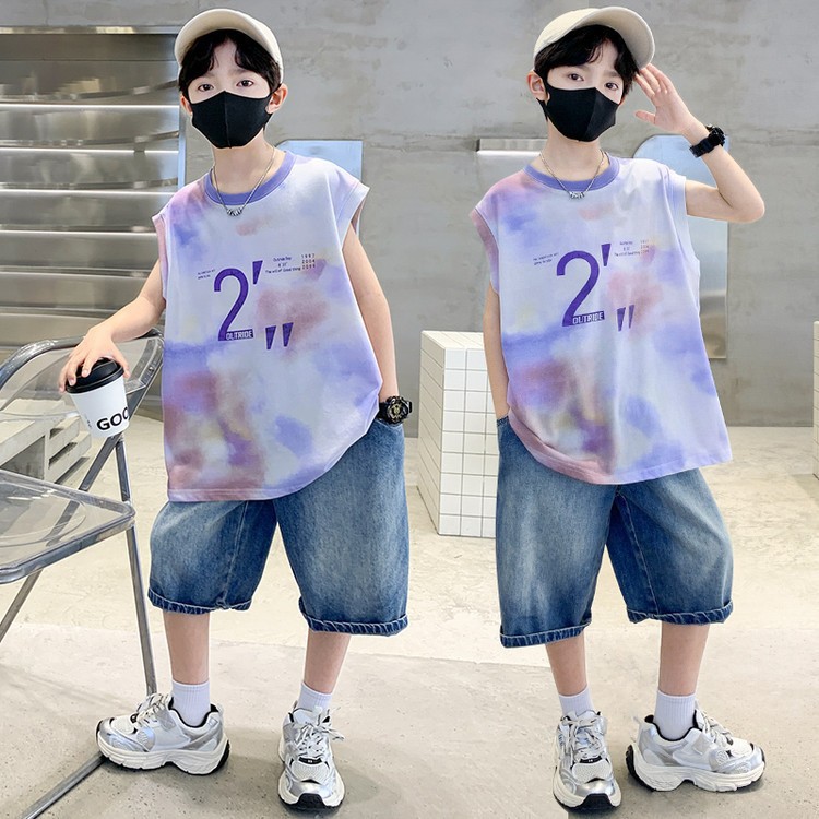男童夏装背心套装2025新款中大童夏季儿童男孩牛仔中裤男孩两件套