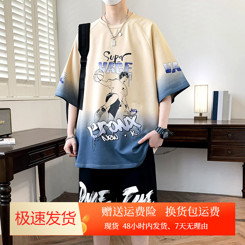 青少年短袖t恤套装男孩初中高中学生帅气夏装大童纯棉运动服一套