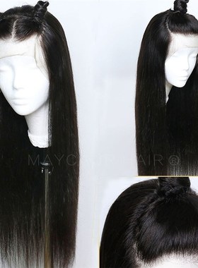 Maycaur Black Long Straight Synthetic Lace Front Wigs For B