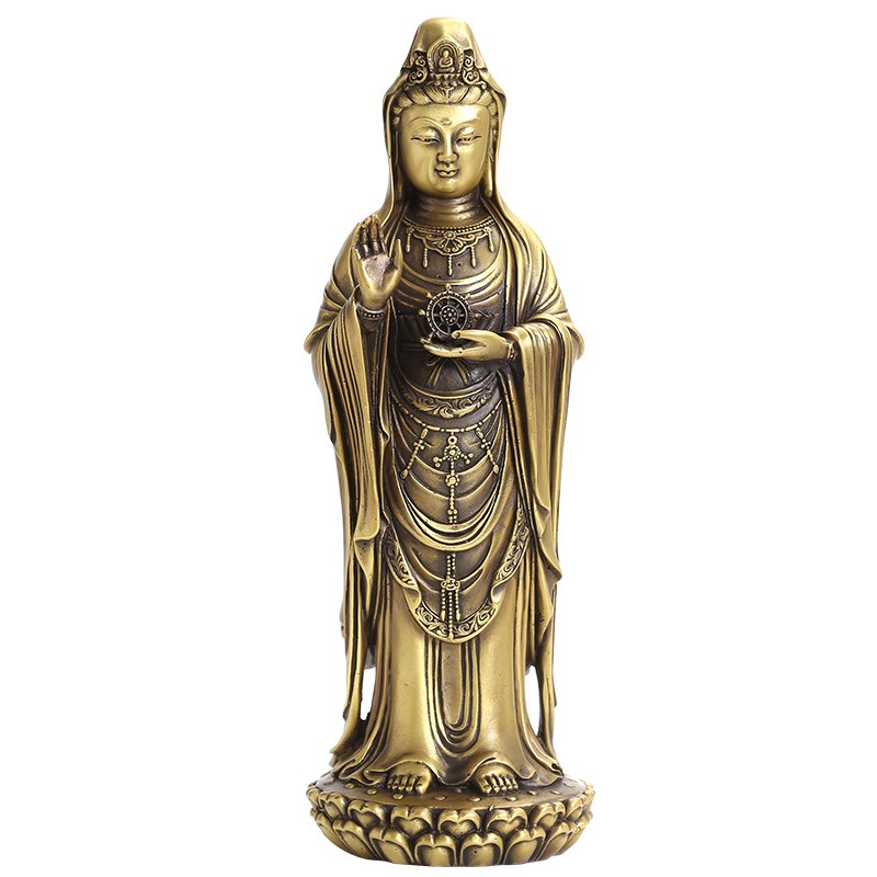 黄铜普陀山观音菩萨手持法轮玉净瓶家用供奉站莲观音佛像镇宅摆件