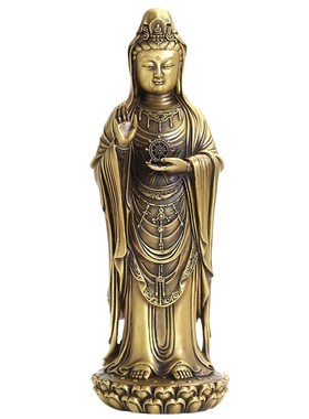 黄铜普陀山观音菩萨手持法轮玉净瓶家用供奉站莲观音佛像镇宅摆件
