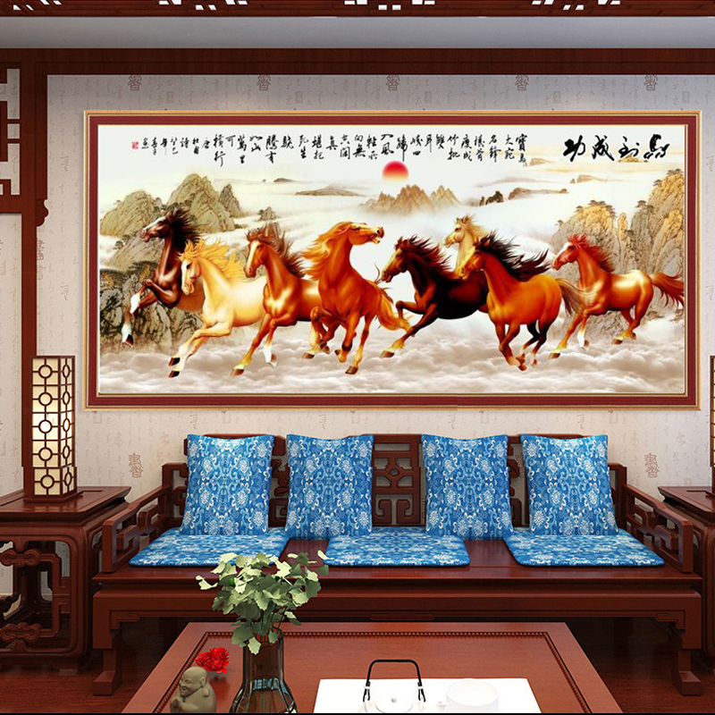 马到成功挂画客厅沙发背景墙装饰画八骏图办公室装饰大气壁画字画
