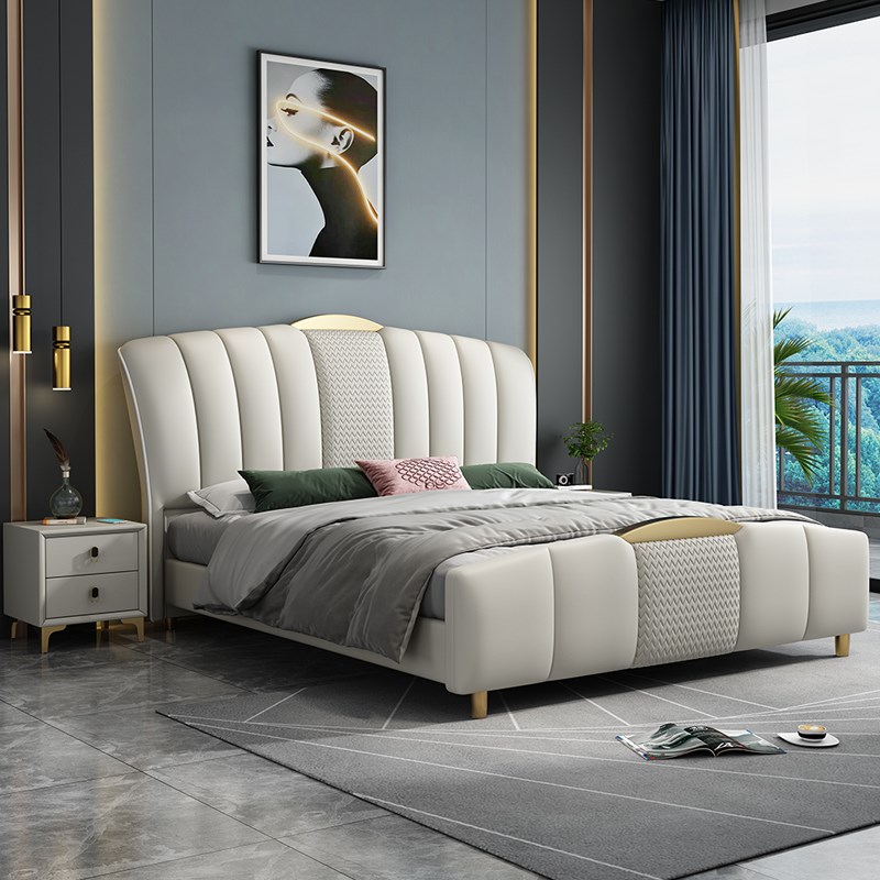 意式轻奢真皮床现代简约1.8米主卧双人床高端大气2米储物软包婚床