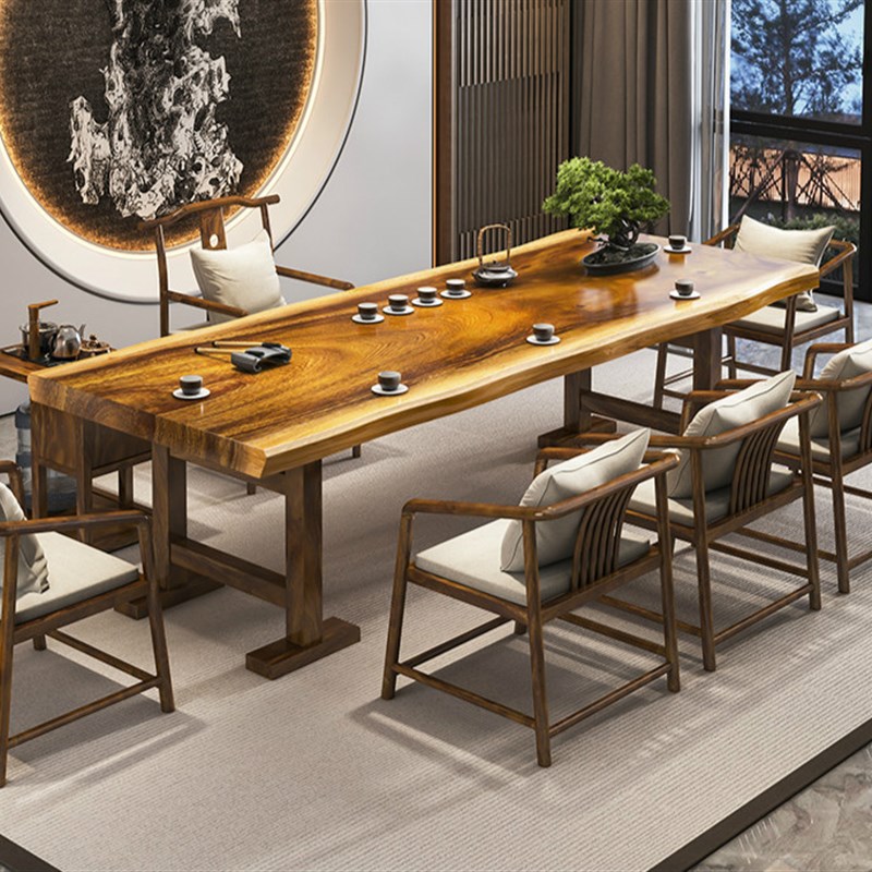 大板胡桃木原木实木茶桌新中式禅意茶台办公室泡茶桌茶桌椅组合