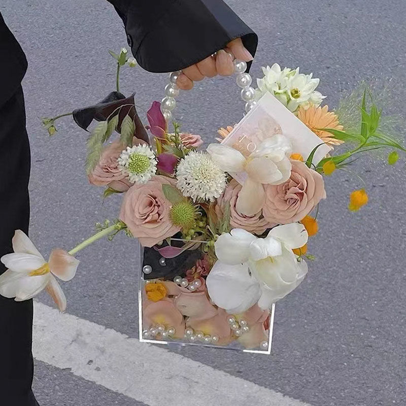 亚克力花盒七夕情人节轻奢珍珠手提花束礼盒鲜花插花礼物闺蜜生日