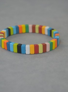 RA 经典彩虹糖果色搪瓷弹力手镯波西米亚风 混搭街拍风