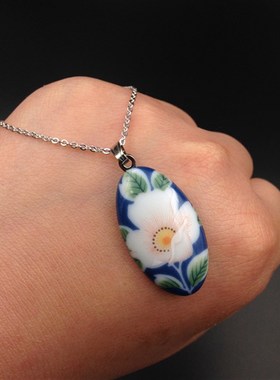 好时光日本九谷烧项链清新手绘陶瓷花叶古典水滴短项链
