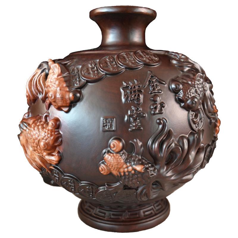 恒升黑檀花梨雕刻金玉满堂花瓶摆件客厅木制饰礼品商务赠品黑檀木
