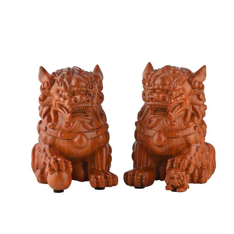 木雕狮子摆件实木一对大号宫门狮家居客厅装饰摆设红木工艺品