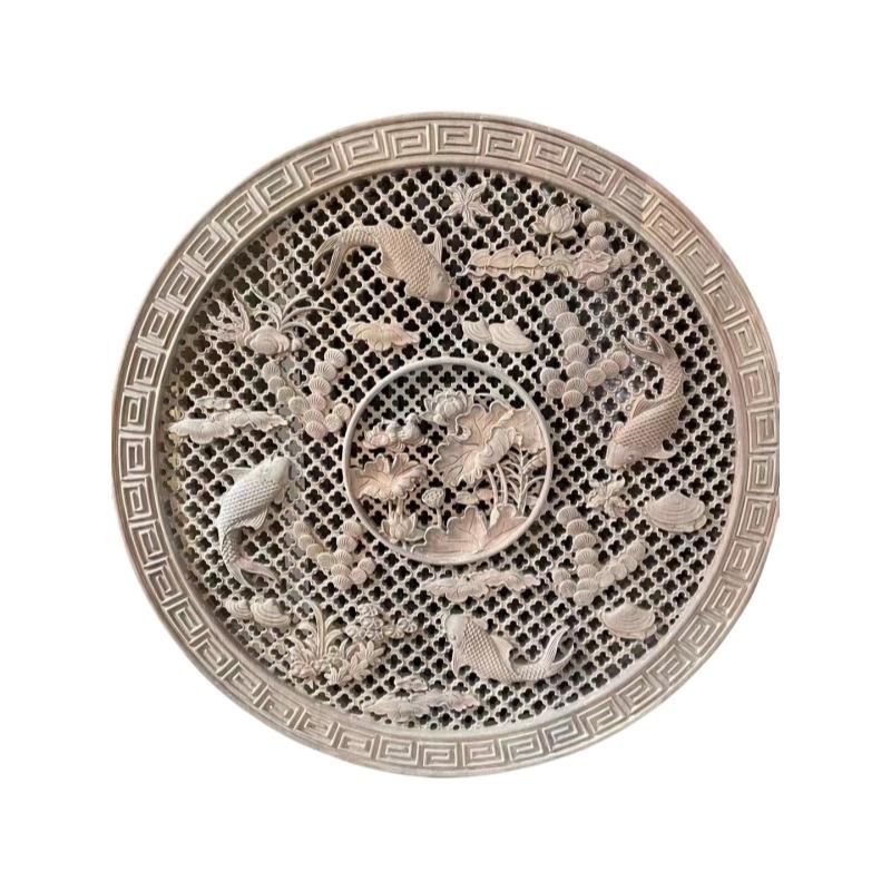 实木雕花圆形吊顶中式背景墙圆花装饰镂空雕刻精雕背景墙家具装饰