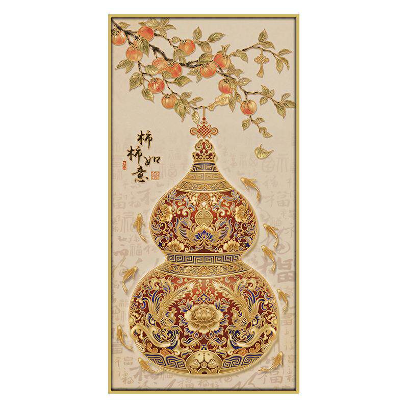 新中式玄关装饰画柿柿如意立体肌理鎏金葫芦壁画鱼图走廊挂画